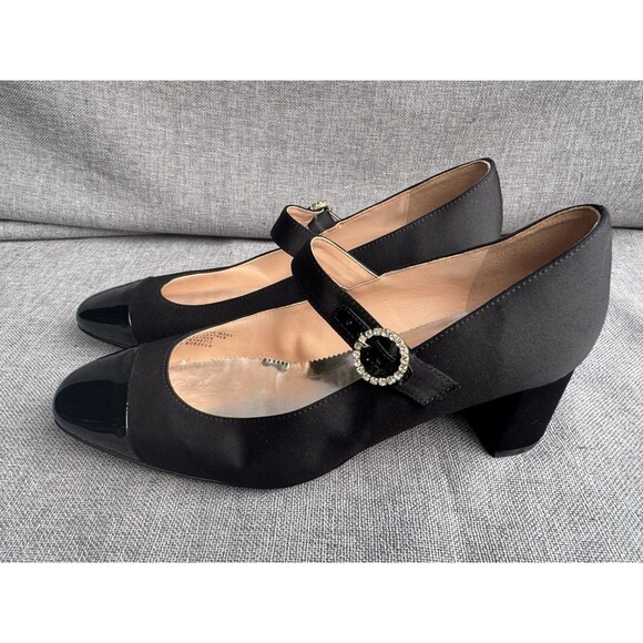 J Crew Black Mary Jane Block Heels Rhinestone Buckle Patent Cap Toe Shoes Size 8 - Picture 4 of 8